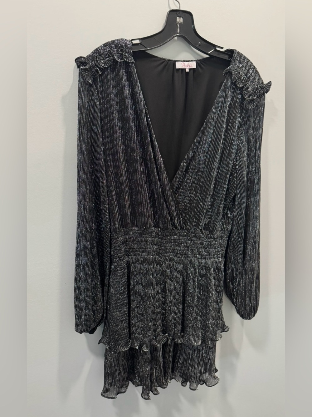 Parker Black Metallic Pleated V-Neck Long-Sleeve Dress